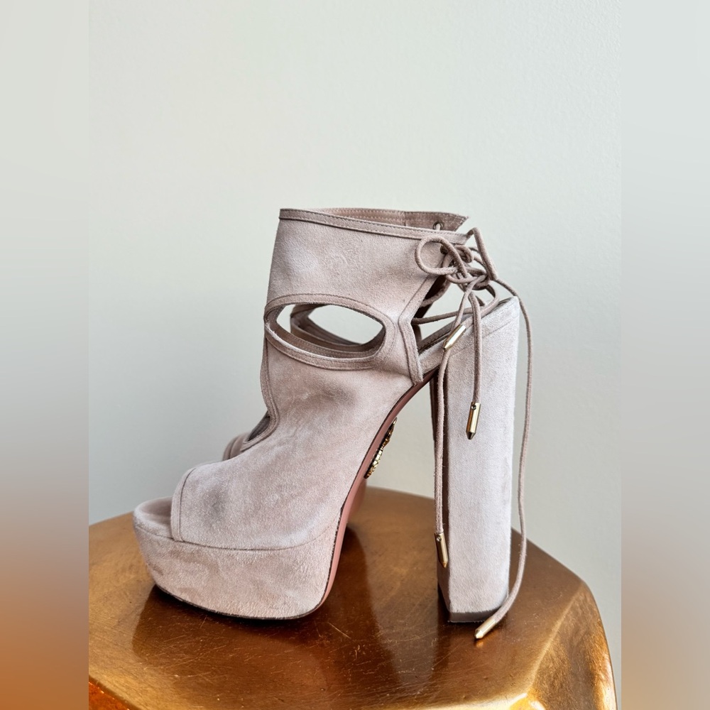 Aquazzura Sexy Thing Suede Platform Sandals in Blush/Nude, size 9.5